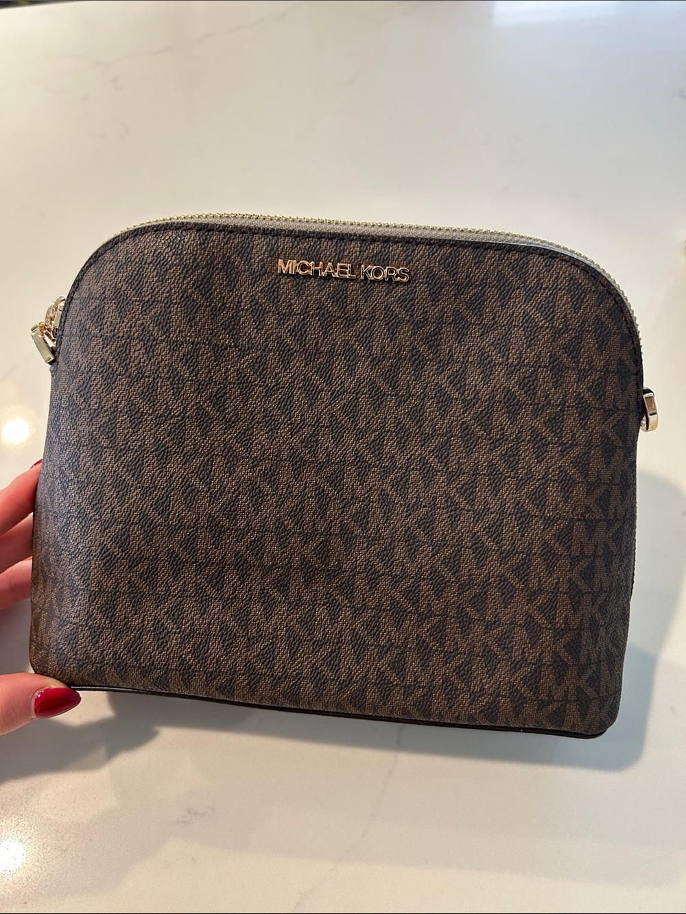 Michael Kors Brown Logo Dome Crossbody Bag with Gold Hardware